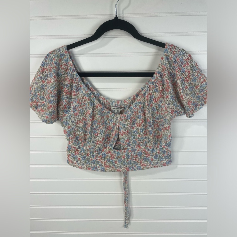 American Eagle Floral Puff Sleeve Keyhole Tie Front Crop Top Small Womens GUC - Picture 9 of 9